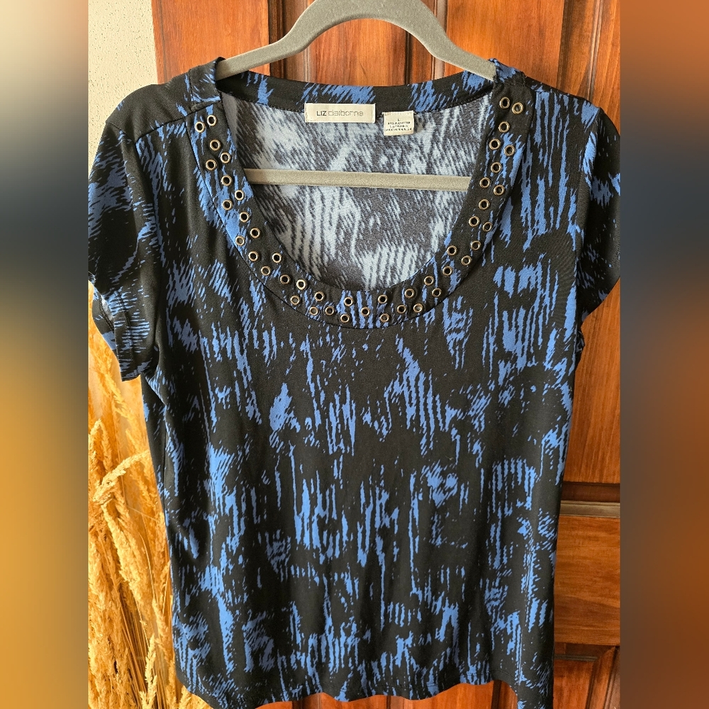 Liz Clairborne Top, L, Black/Blue